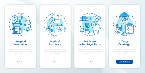 Wall Mural - Government health insurance blue onboarding mobile app screen. Walkthrough 4 steps editable graphic instructions with linear concepts. UI, UX, GUI template. Montserrat SemiBold, Regular fonts used
