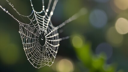 dew-covered spider web in the early morning light