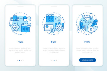Wall Mural - Types of health accounts blue onboarding mobile app screen. Walkthrough 3 steps editable graphic instructions with linear concepts. UI, UX, GUI template. Montserrat SemiBold, Regular fonts used