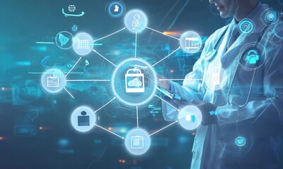 Medicine doctor with stethoscope touching medical icons network connection