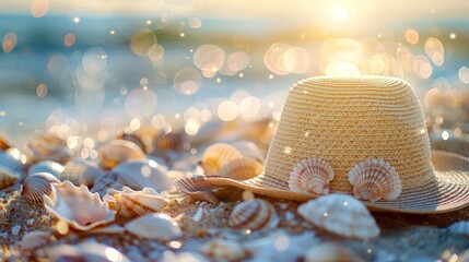 Beach hat with seashells and sunlight (copy space, holiday charm, dynamic, Double exposure, Seaside)