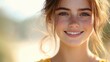 © sknab - Close-up of a smiling young European woman in a yellow dress, her eyes sparkling with happiness, set against a simple, blurred background that highlights her expression