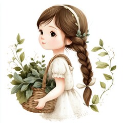 A cute little girl with long brown hair in braids, holding an ivy basket and leaves on her back, in a clipart style isolated on a white background