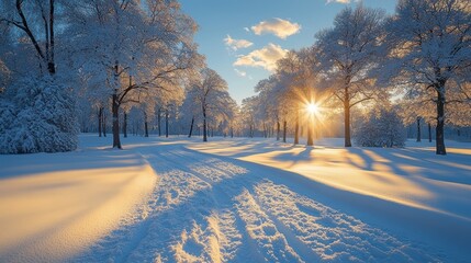 Canvas Print - Sunrise in a Snow-Covered Winter Wonderland with Trees Casting Long Shadows and a Clear Blue Sky