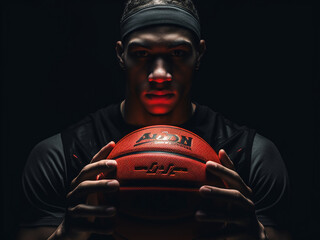 Wall Mural - Competitors holding a basketball, mid-section shot, black background