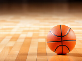 Wall Mural - Orange basketball ball on a hardwood court, horizontal sport-themed background