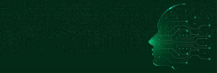 An AI banner features a circuit-style silhouette of a head on the right, surrounded by a matrix of digital data. The dark green background emphasizes the tech-driven design and futuristic concept.