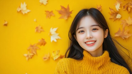 A young woman with long black hair smiles while wearing a yellow sweater in front of a yellow background with fall leaves.