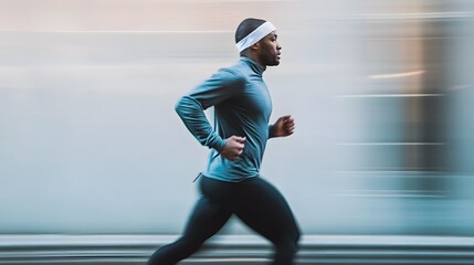 A young man in athletic wear runs through the city, his focus intense.