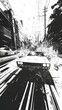 © AIGC JOE - A black and white illustration of a vintage car speeding through city streets, the motion lines highlighting its fast pace.