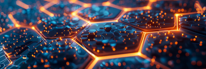 Abstract background. Digital matrix of connected hexagons with orange and blue colors. Copy space. Technology concept.