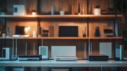 Wall Mural - A collection of various wireless routers and modems with antennas displayed on a table, showcasing different models and designs for home internet networks.