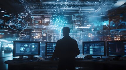 Cybersecurity professional analyzing artificial intelligence and machine learning data on multiple computer screens, emphasizing network security, firewall management, and cutting-edge technology