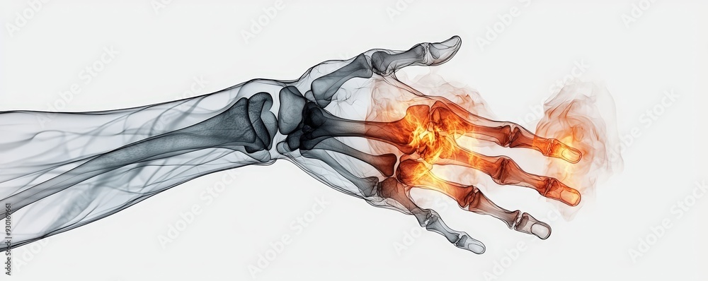 X-ray illustration of a human hand with a focus on bone structure and ...