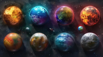 Wall Mural - majestic collection of colorful planets and moons floating in cosmic void showcasing diverse texture