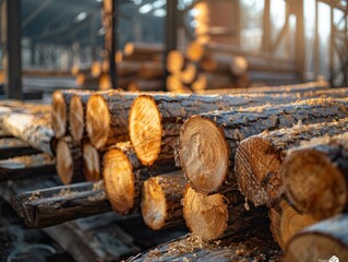 Sawmill Logs Stacked Wood, Timber Processing, Freshly Chopped Logs Ready for Sawing, Lumber Industry, Timber Yard, Woodworking, Sawmill Equipment, Wooden Logs, Sawmill Operation, Logs for Sawmill