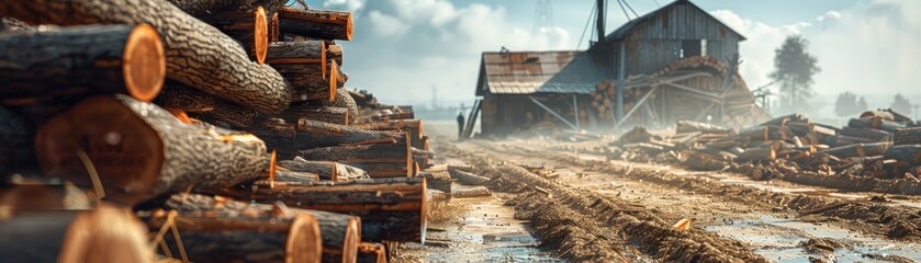 Stacked Logs in Front of a Sawmill, Timber Industry, Lumber Mill, Wood Processing, Rustic Background, Logging Operation, Forest Products, Sawdust, Woodworking, Industrial Landscape, Rural Scene