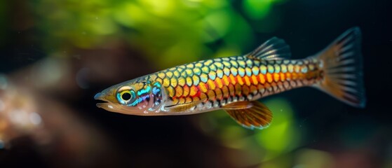 Poster -  A tight shot of a fish swimming in a tank, foregrounded by a planted aquatic feature, background softened with a blur