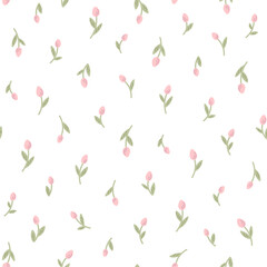 Beautiful pink cute small flower tulip, floral seamless pattern for girl, fashion fabric print of pretty ditsy style. Vector illustration