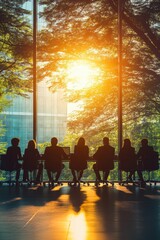 Wall Mural - Business Meeting in Modern Office with Large Windows and Natural Light During Sunset