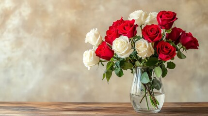 Wall Mural - Red and White Roses in a Vase on a Wooden Table