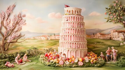 Delightful Leaning Tower of Pisa Cake Art: A Sweet Fusion of Pink Icing and Fresh Fruit, Perfect for Sports Interior Decor or a Charming Poster!