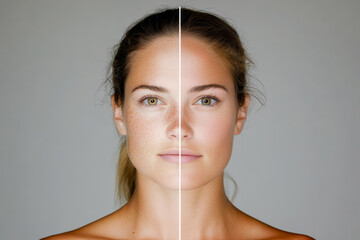 Portrait of a Caucasian model with a line down the center of her face, with freckles on one half and a clean face on the other half. Concept of makeup and facial treatments.