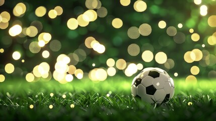 Soccer ball resting on green grass with bokeh lights in the background, creating a dynamic and vibrant sports scene for football enthusiasts and athletes


