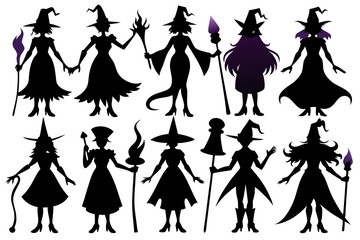 Witch silhouettes set, scarry witches bundle vector illustration