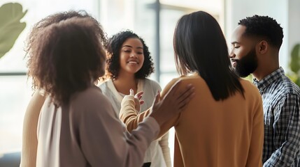 Canvas Print - Group of diverse friends stand in a circle, supporting each other.