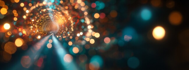 Abstract Tunnel with Vibrant Bokeh Lights and Beam of Light