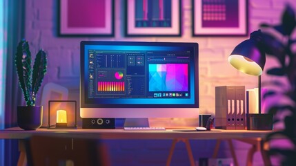 Computer monitor with vector design program. 3D web vector illustration.