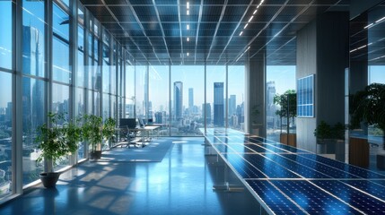 Poster - Modern Office with Solar Panels and Cityscape View