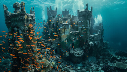 An underwater kingdom with coral castles and schools of luminescent fish