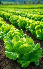 Vibrant green lettuce growing in a lush field under bright sunlight, showcasing healthy agriculture and fresh produce.