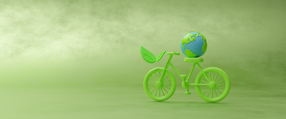 Wall Mural - Concept of world bicycle day and car free day, healthy lifestyle, cycling and sports activity in nature, green bicycle and world. Environment preserve, background geometric shape, 3d rendering