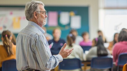 A teacher facilitates a discussion in front of attentive adult students in a classroom setting, fostering an interactive learning environment