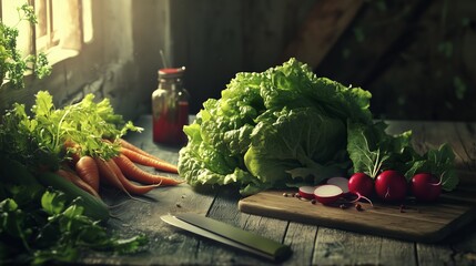 A vibrant still life of lettuce, radishes, and carrots on a rustic table hints at a healthy meal.