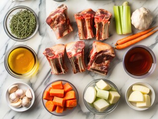 Preparing a hearty bone broth with fresh ingredients on a marble countertop in a cozy kitchen