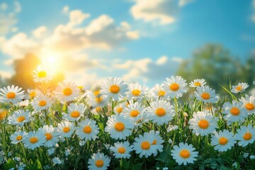 Wall Mural - Delicate White Dandelions Bloom in a Vibrant Meadow Under Clear Blue Skies with Expansive Copy Spa