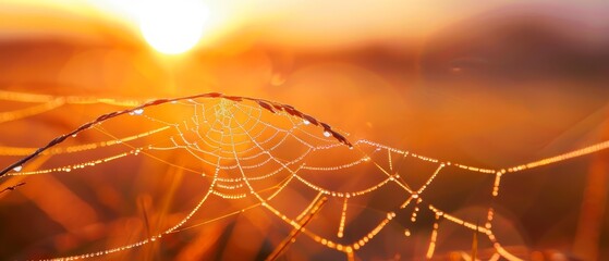  A tight shot of a spider web against a grassy foreground, with the sun sinking in the backdrop