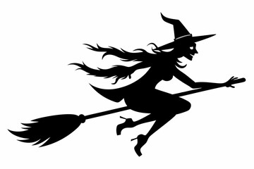 Wall Mural - witch flying on a broomstick silhouette on white background