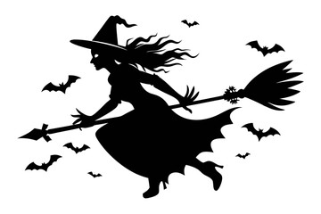 Wall Mural - witch flying on a broomstick silhouette on white background