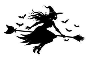 Wall Mural - witch flying on a broomstick silhouette on white background