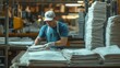 © Prostock-studio - A worker is focused on folding clean laundry in a textile factory, surrounded by stacks of neatly organized fabric during evening hours.