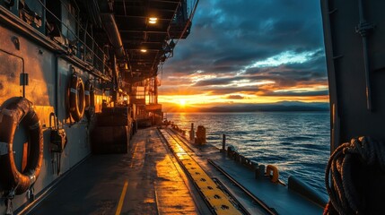 A ship is sailing in the ocean with the sun setting in the background