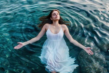 A serene woman in a flowing white dress floats peacefully in tranquil turquoise waters at sunset