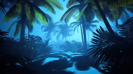 A tranquil blue-tinted pathway through a dense tropical forest at dusk