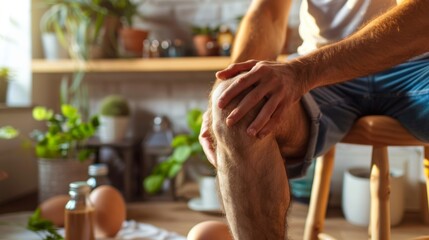 close-up of a young man holding his knee in pain at home, with a focus on natural skin texture and the use of daily stem cell treatment methods like eggs and olive oil, in a warm