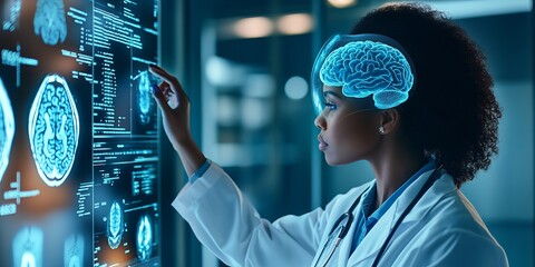 An ultra-realistic, editorial photo capturing a candid moment of an African American female pharmaceutical lab specialist analyzing medicine vials and hospital patient samples. The image also features